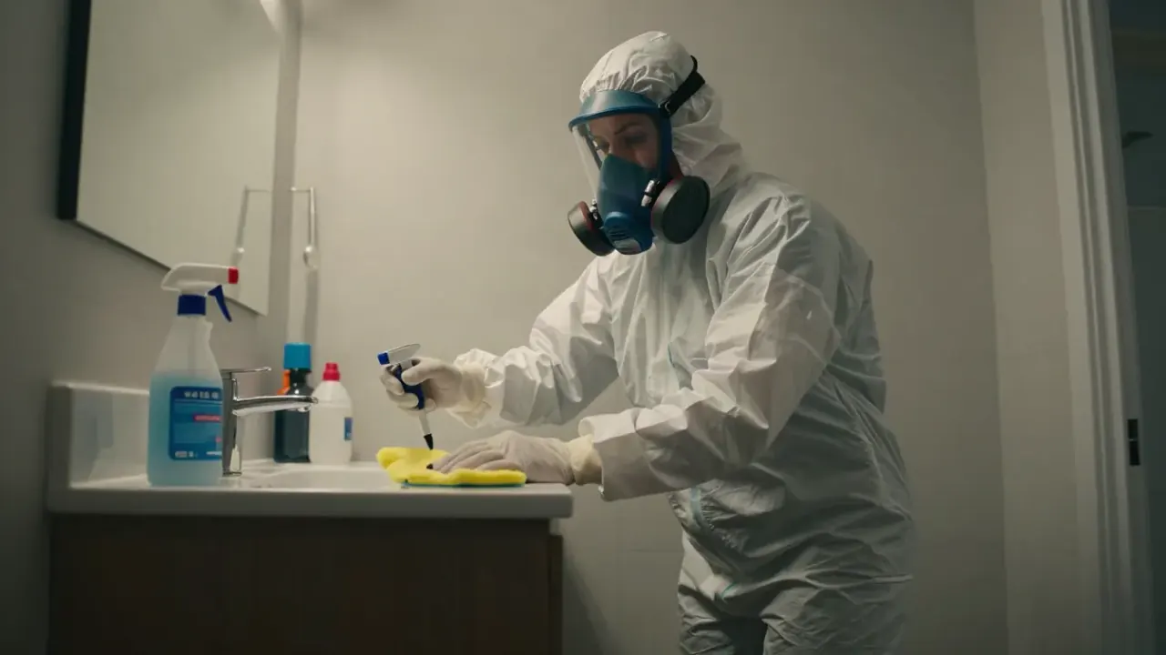 Biohazard Cleanup in McKinney: biohazard remediation specialist meticulously cleaning and disinfecting a bathroom vanity and