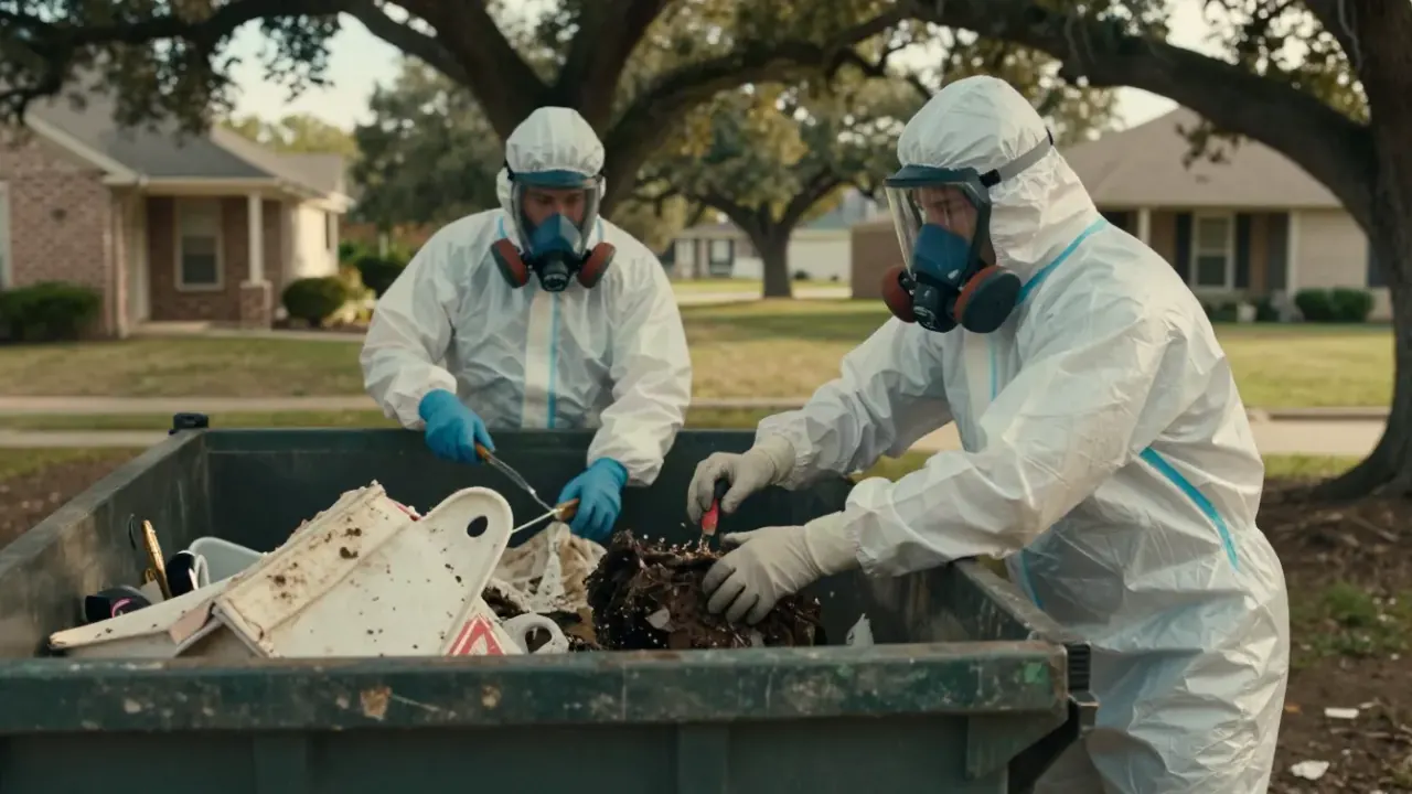 Biohazard Cleanup in McKinney: team of two biohazard remediation specialists in full PPE systematically removing large