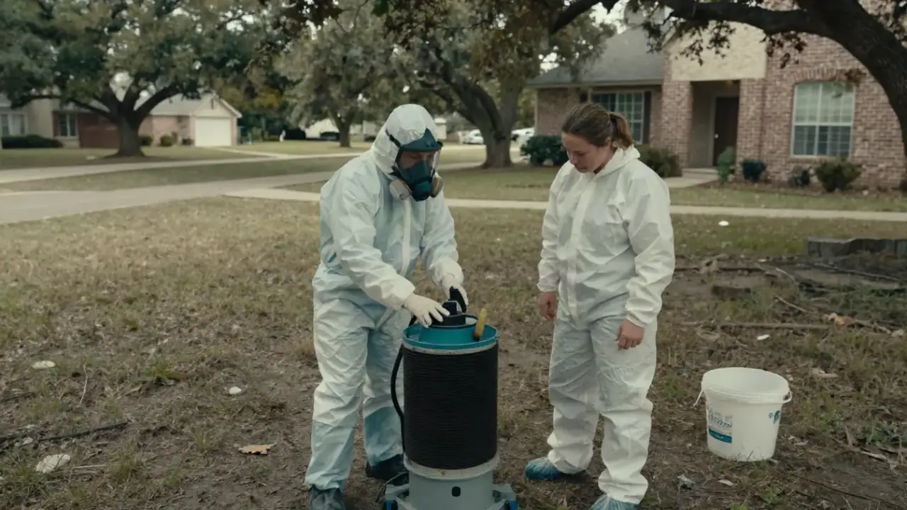 Biohazard Cleanup in McKinney: biohazard remediation specialist demonstrating the functionality of a HEPA air scrubber to a