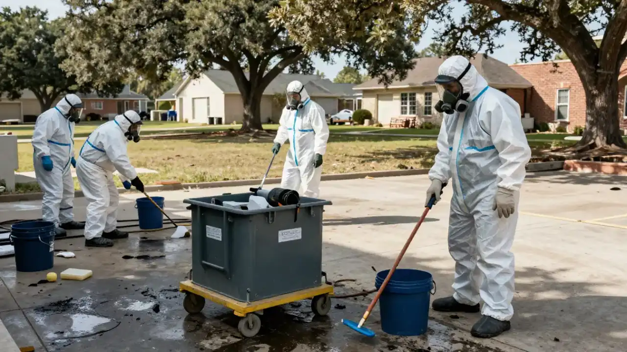 Biohazard Cleanup in McKinney: wide shot of an industrial accident cleanup, showing a team of specialists in full hazmat