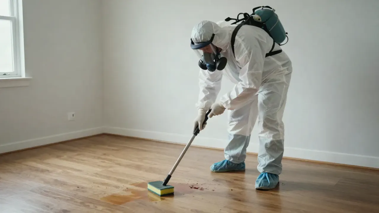 Biohazard Cleanup in McKinney: biohazard remediation specialist in a full Tyvek suit and respirator carefully applying a