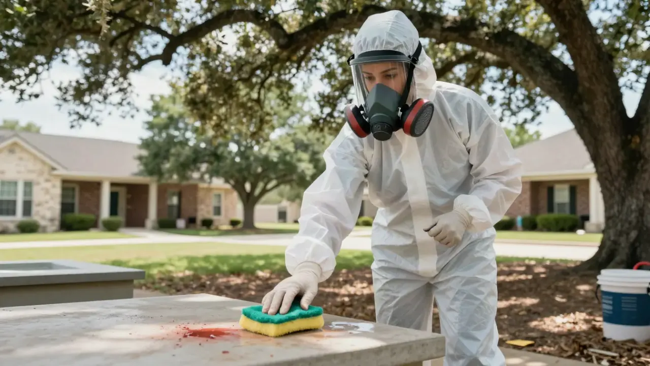 Bodily Fluids Cleanup in McKinney: biohazard remediation specialist meticulously cleaning and disinfecting hard surfaces in