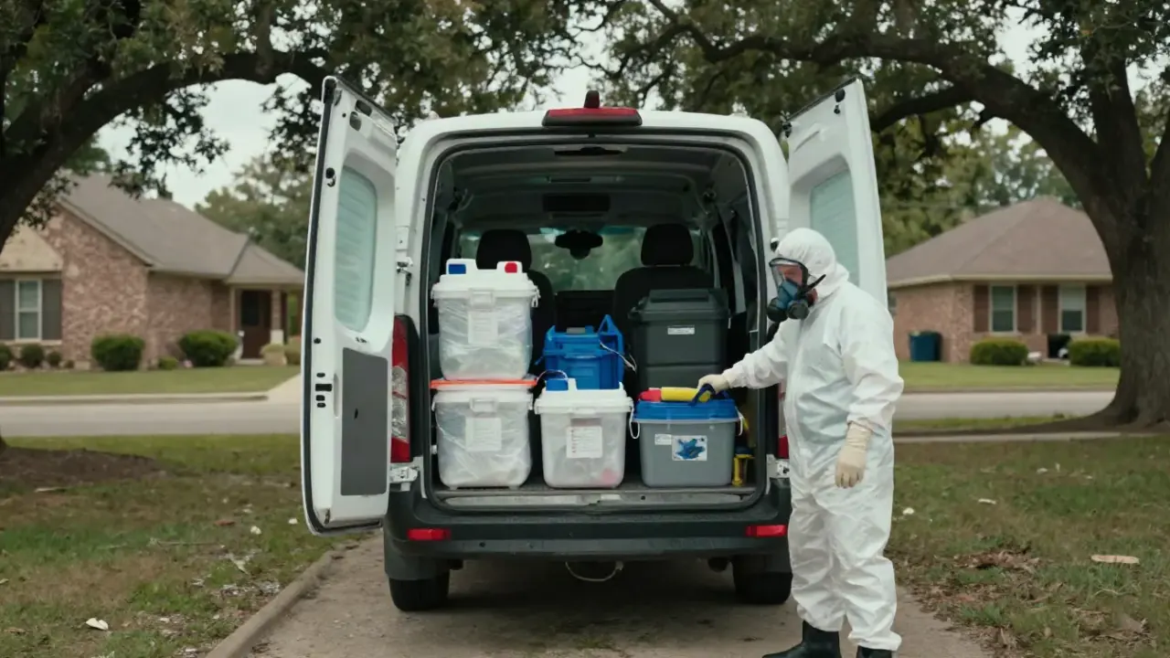 Biohazard Cleanup in McKinney: rear of a large, white, unbranded biohazard remediation service van with its back doors open