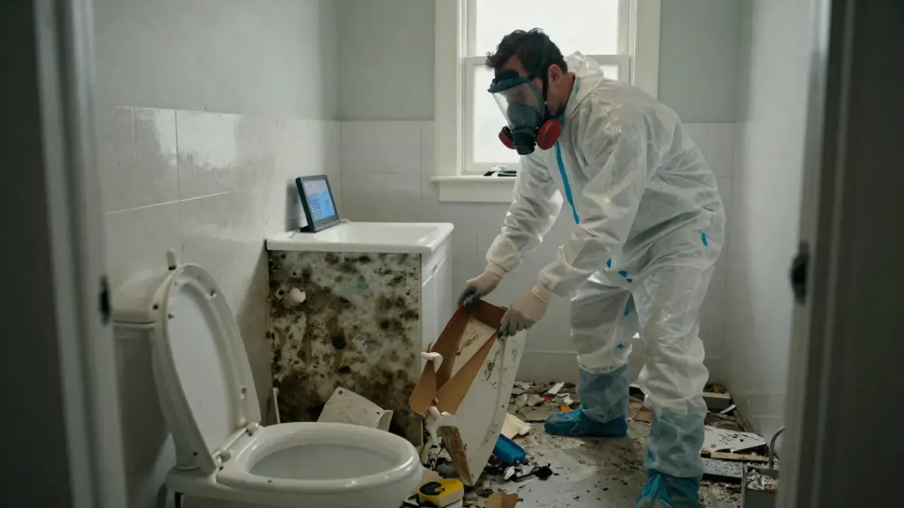 Hoarding Cleanup in McKinney: biohazard remediation specialist carefully dismantling and cleaning a heavily soiled bathroom