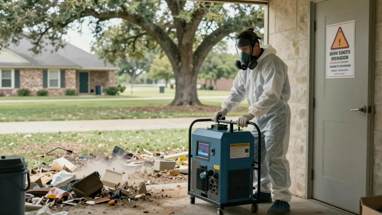 Odor Treatment & Cleanup in McKinney: biohazard remediation specialist operating an industrial-grade ozone generator in a