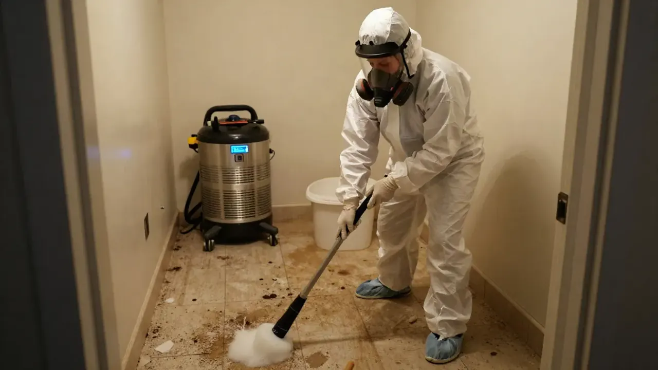Biohazard Cleanup in McKinney: biohazard remediation specialist in a full Tyvek suit and respirator carefully applying an