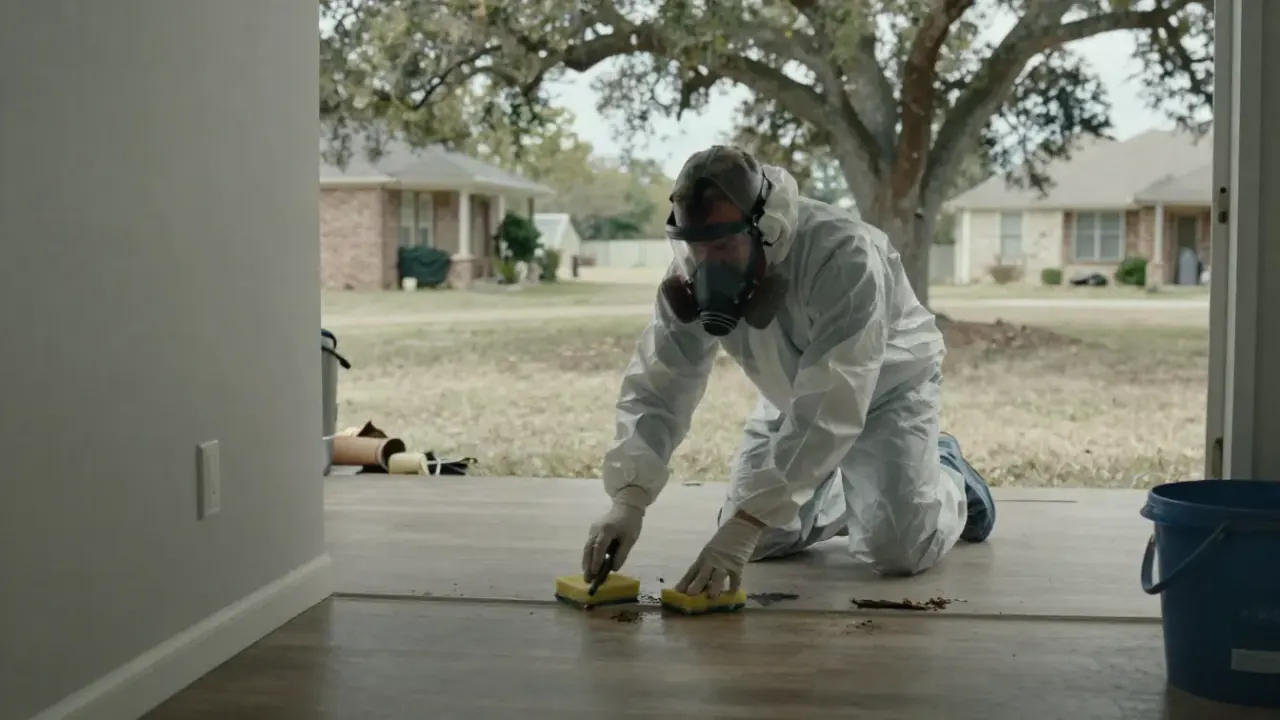 Suicide Cleanup in McKinney: biohazard remediation specialist meticulously cleaning and disinfecting a hard floor surface
