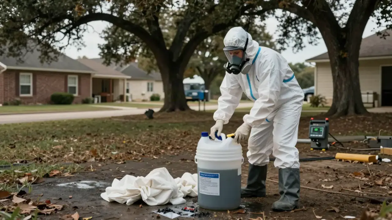 Hazmat Cleanup in McKinney: biohazard remediation specialist in a fully encapsulated hazmat suit carefully containing a