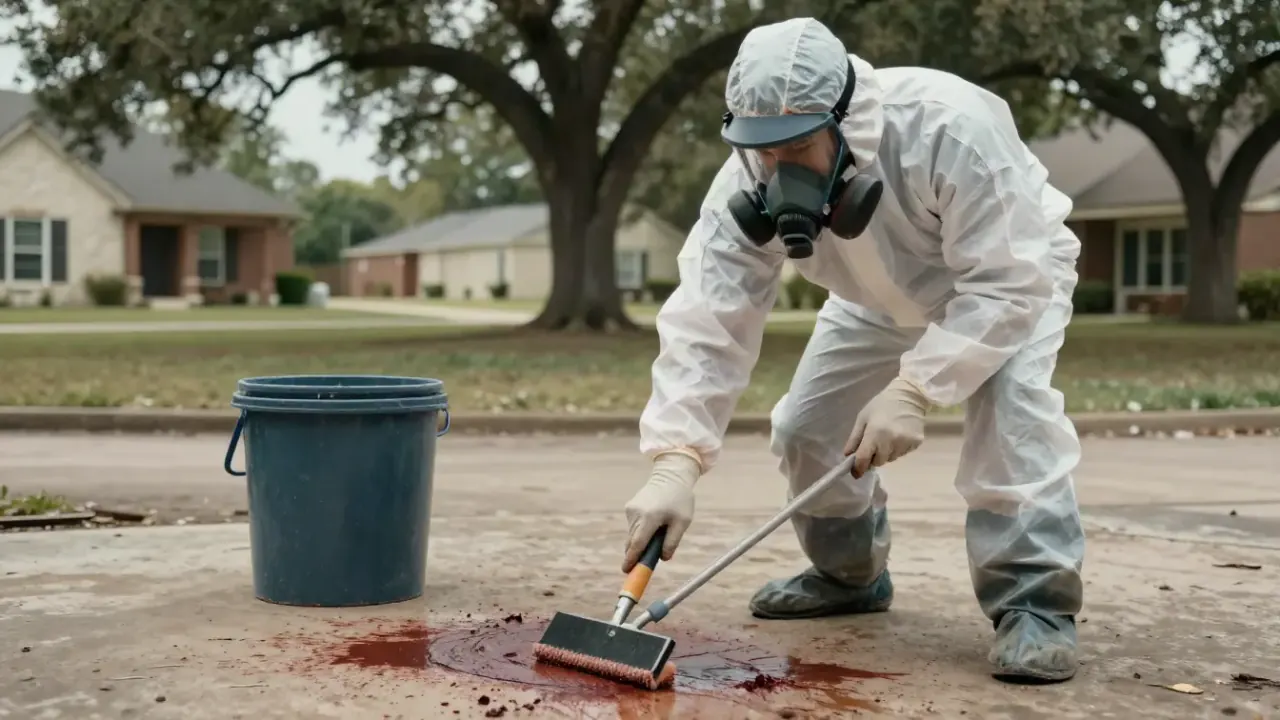 Blood Cleanup in McKinney: biohazard remediation specialist in full PPE carefully scraping dried blood from a textured floor