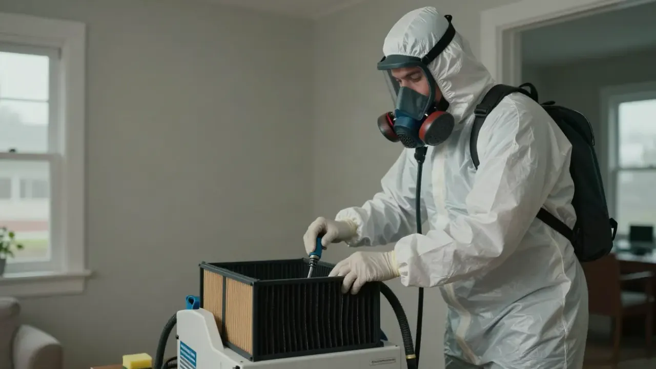 Unattended Death Cleanup in McKinney: biohazard remediation specialist operating an air filtration unit with activated