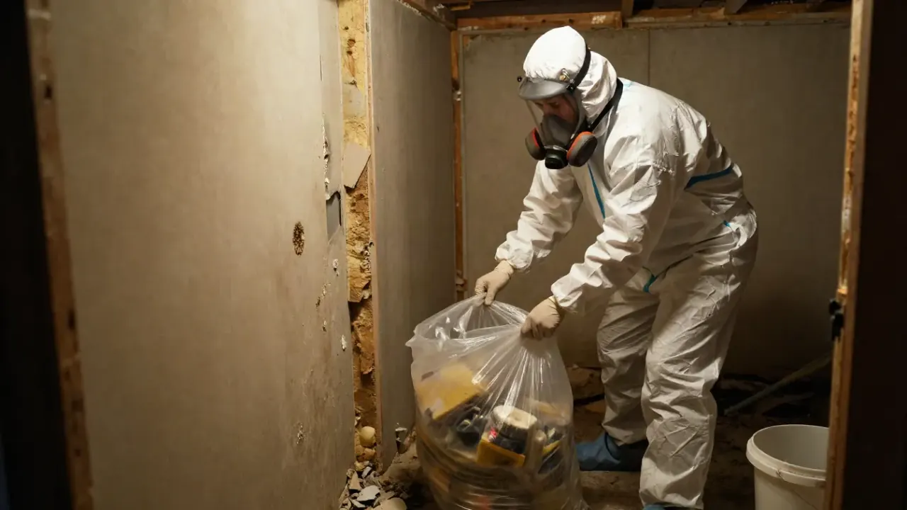 Environmental Hazard Cleanup in McKinney: biohazard remediation specialist in full PPE carefully removing mold-infested