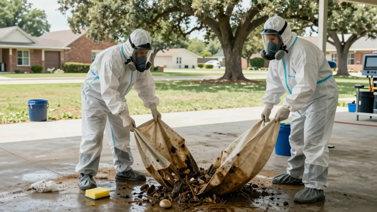 Industrial Accident Cleanup in McKinney: team of biohazard remediation specialists in full PPE carefully containing a large