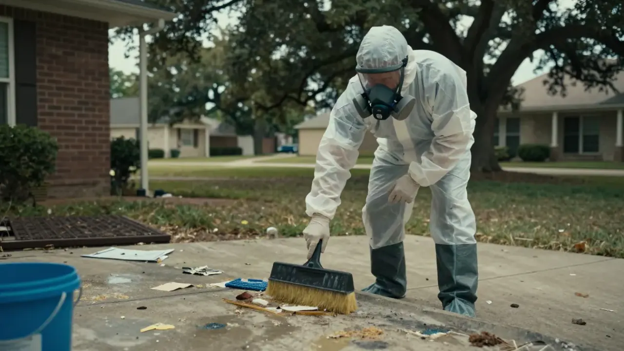 Decomposition Cleanup in McKinney: biohazard remediation specialist in full PPE carefully scraping and cleaning biohazardous